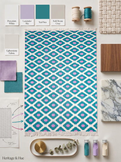 Teal Magenta Geometric Diamond Cotton Flatweave Rug