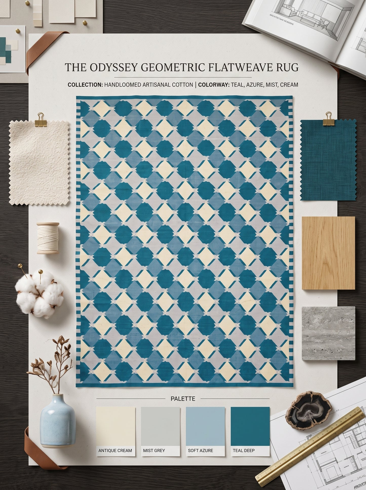 Geometric Diamond Lattice in Teal, Blue & Ivory Rug