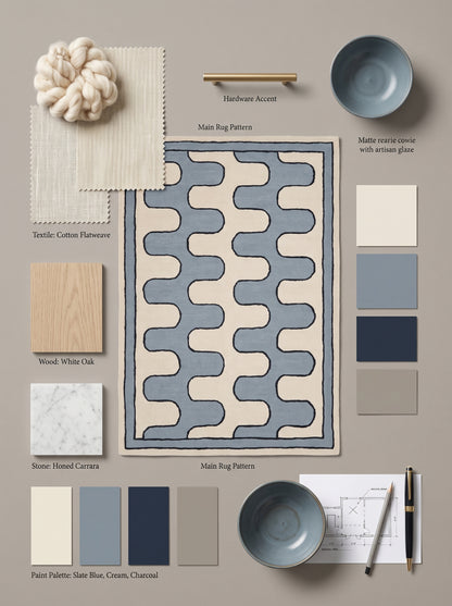 Blue Ivory Wave Wool Tufted Rug