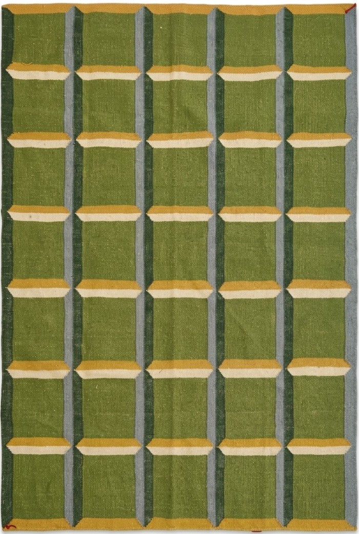 Emerald Block Lattice Modern Green Checkered Wool Cotton Dhurrie Rug