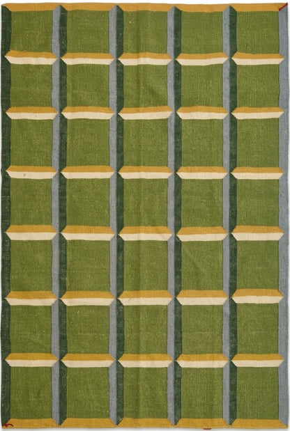 Emerald Block Lattice Modern Green Checkered Wool Cotton Dhurrie Rug