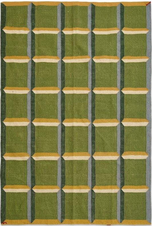 Emerald Block Lattice Modern Green Checkered Wool Cotton Dhurrie Rug