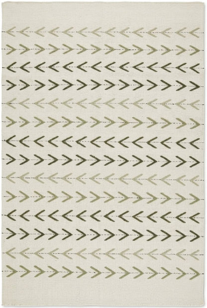 Sage Chevron Trail Minimalist Cream & Sage Green Wool Cotton Dhurrie Rug