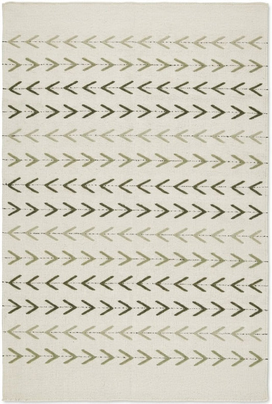 Sage Chevron Trail Minimalist Cream & Sage Green Wool Cotton Dhurrie Rug