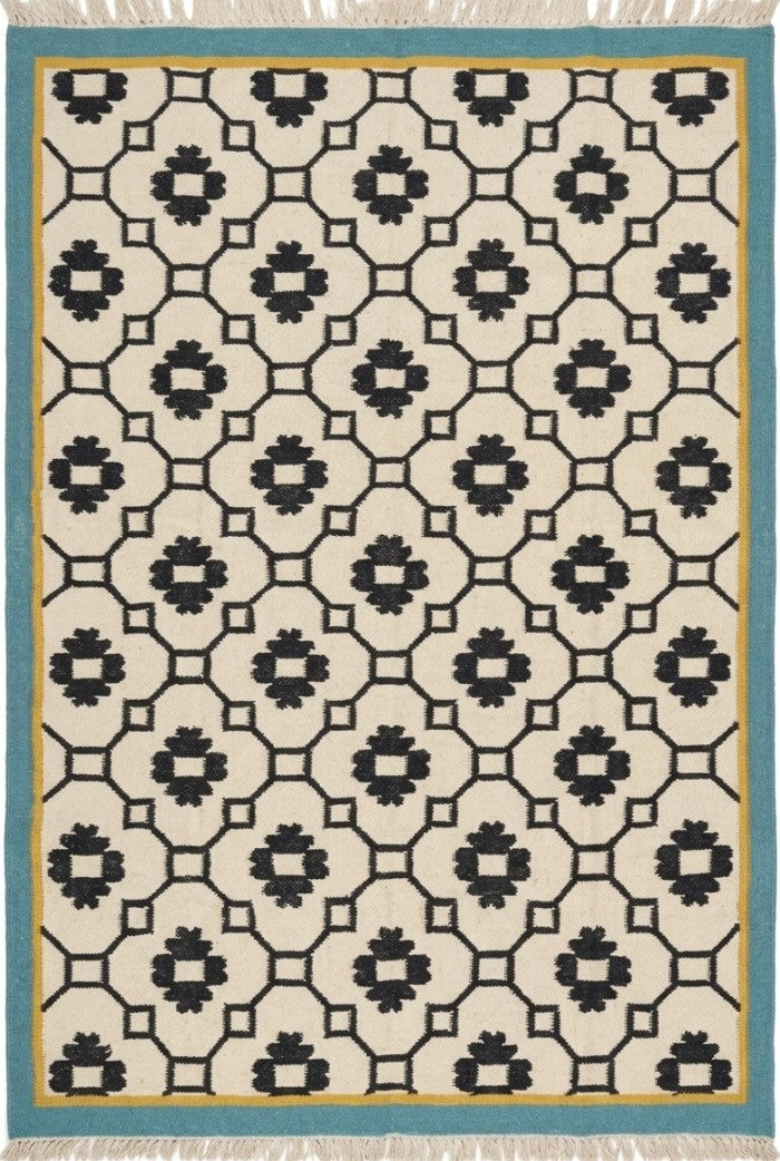 Teal Lattice Rosette  Modern Black & Cream Wool Cotton Dhurrie Rug