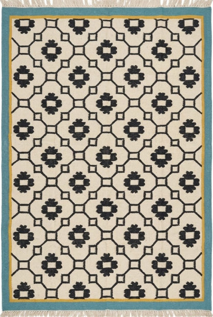 Teal Lattice Rosette  Modern Black & Cream Wool Cotton Dhurrie Rug