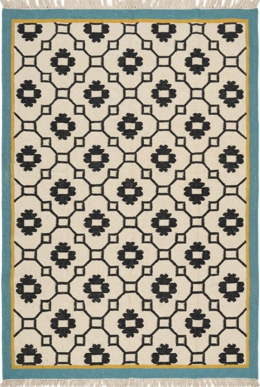 Teal Lattice Rosette  Modern Black & Cream Wool Cotton Dhurrie Rug