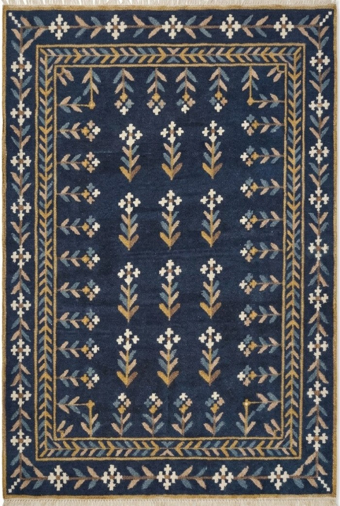 Royal Indigo Botanical Buti Flower Rug