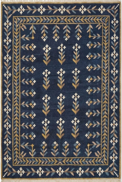 Royal Indigo Botanical Buti Flower Rug