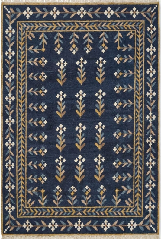 Royal Indigo Botanical Buti Flower Rug