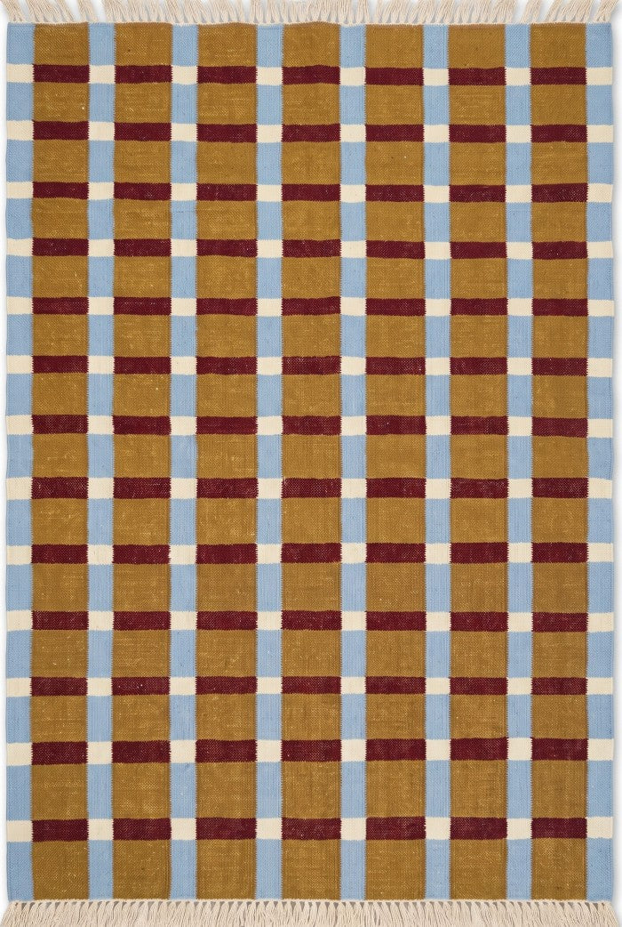 Ochre Sky Plaid Grid Handwoven Symmetrical Checked Rug