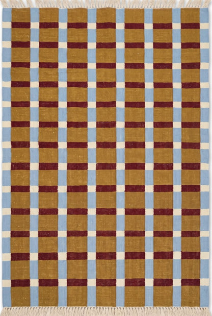 Ochre Sky Plaid Grid Handwoven Symmetrical Checked Rug