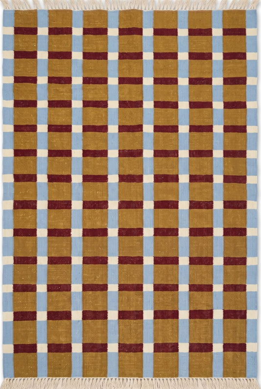 Ochre Sky Plaid Grid Handwoven Symmetrical Checked Rug