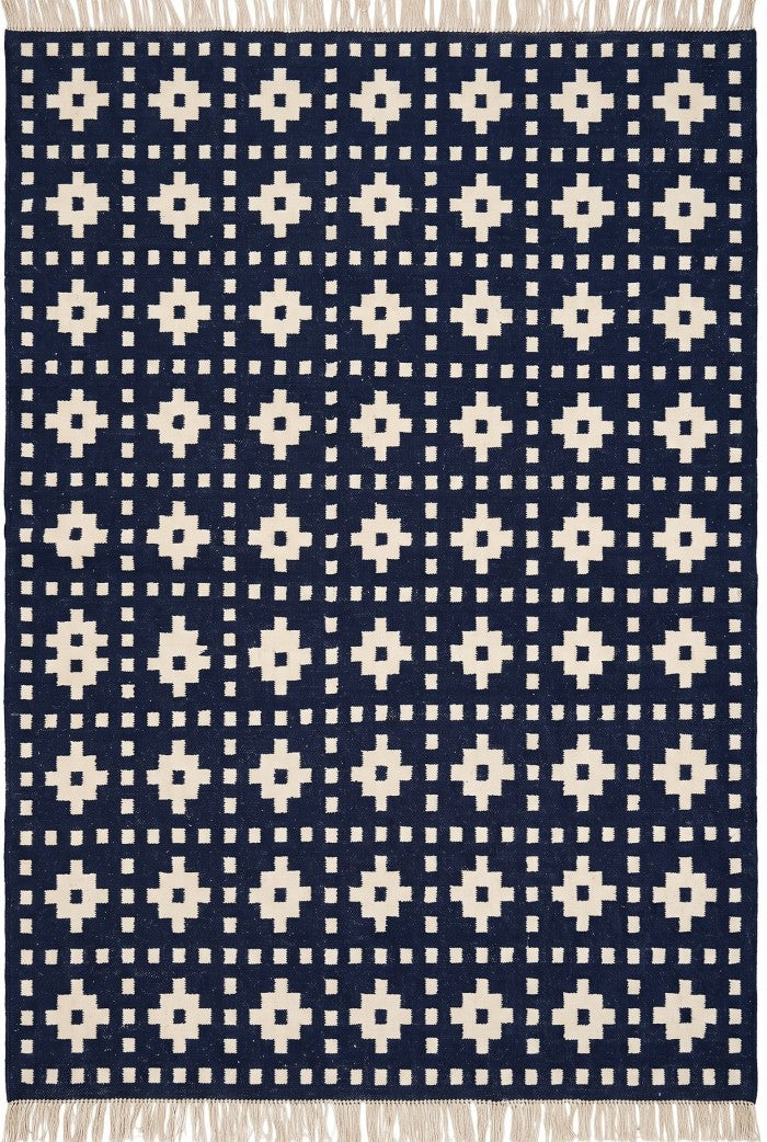 Indigo Pixel Cross Deep Navy Blue & Ivory Cream Cotton Wool Dhurrie
