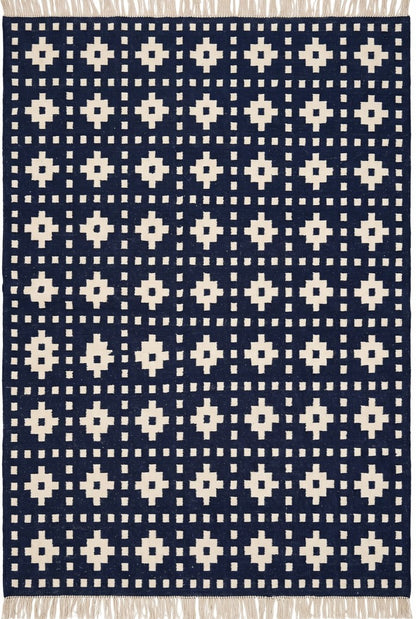 Indigo Pixel Cross Deep Navy Blue & Ivory Cream Cotton Wool Dhurrie