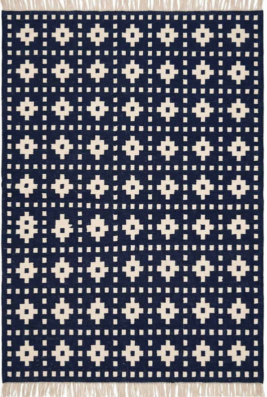 Indigo Pixel Cross Deep Navy Blue & Ivory Cream Cotton Wool Dhurrie