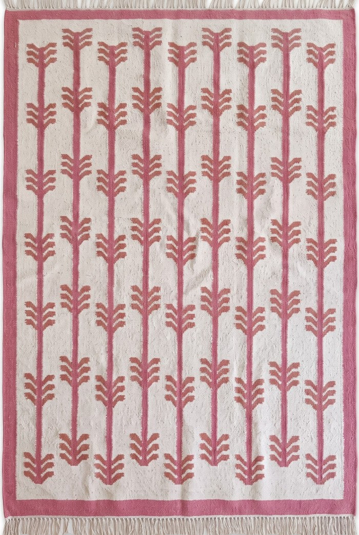 Rose Chevron Stem Dusty Rose Pink & Ivory Cotton Wool Dhurrie
