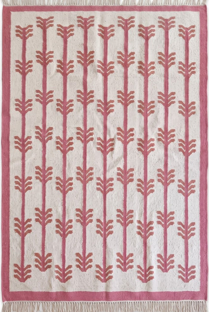 Rose Chevron Stem Dusty Rose Pink & Ivory Cotton Wool Dhurrie
