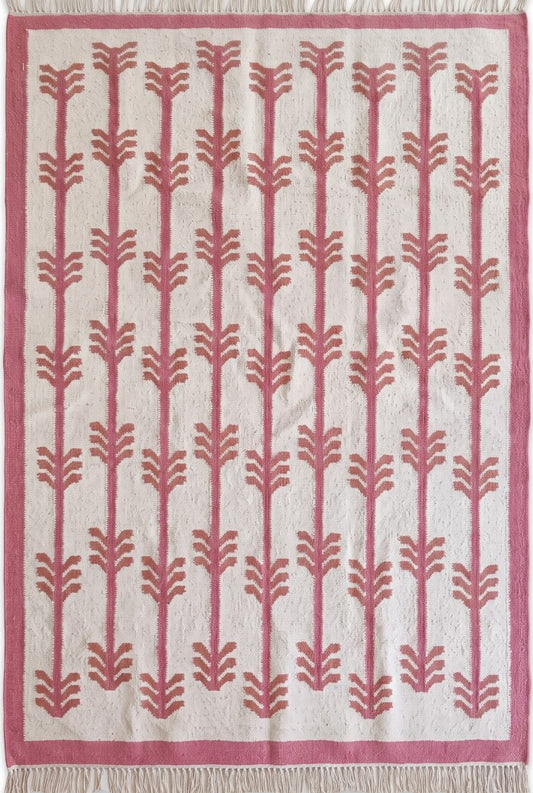 Rose Chevron Stem Dusty Rose Pink & Ivory Cotton Wool Dhurrie