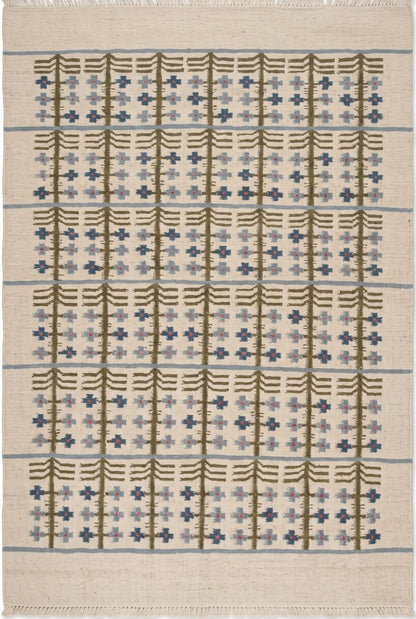 Olive & Denim Tree Trellis Handwoven Symmetrical Folk Rug