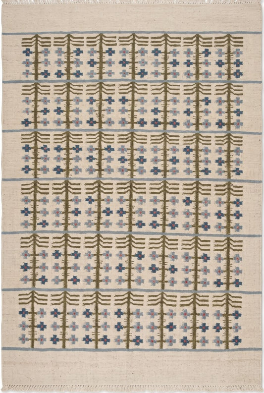 Olive & Denim Tree Trellis Handwoven Symmetrical Folk Rug
