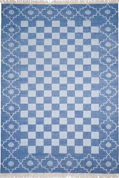 Cornflower Checkered Medallion Geometric Stepped Diamond Border Flatweave rug