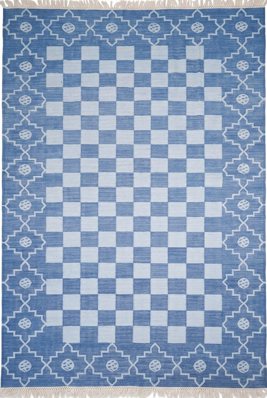 Cornflower Checkered Medallion Geometric Stepped Diamond Border Flatweave rug