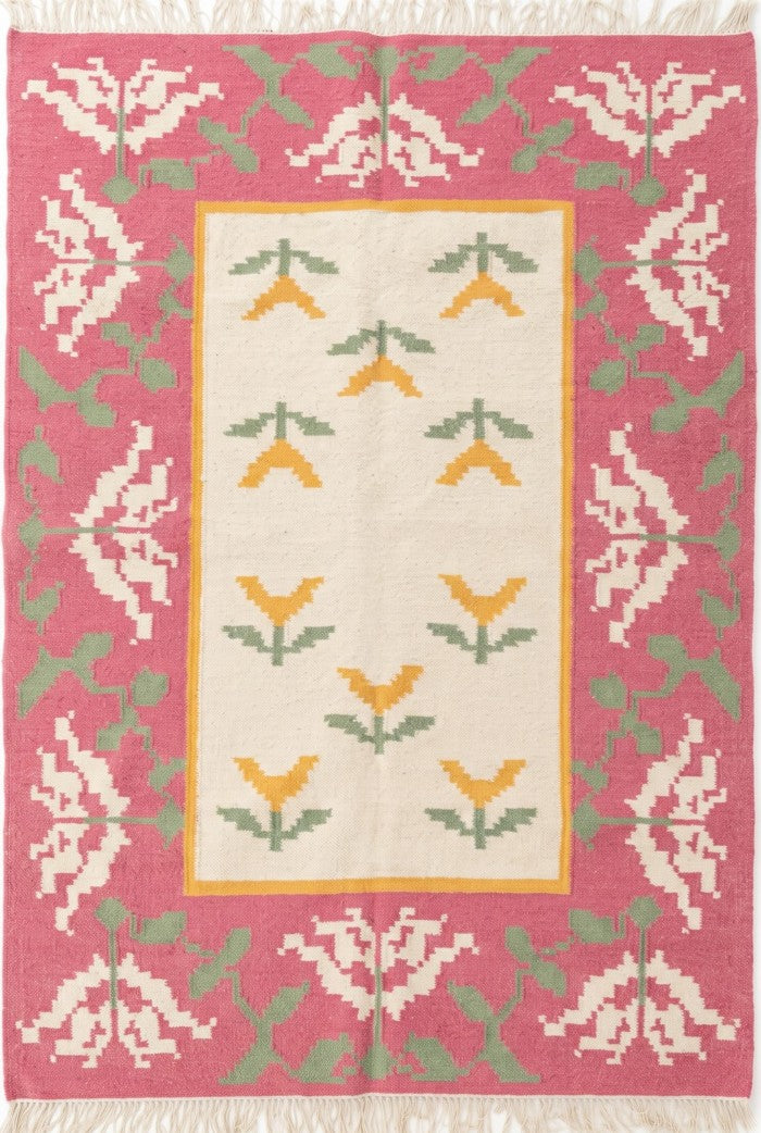 Rose Garden Medallion Abstract Pixelated Floral Pattern Flatweave rug