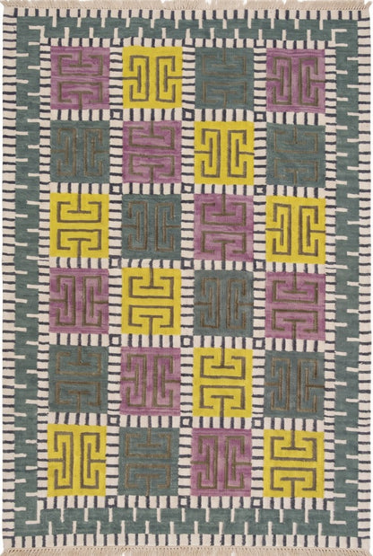 Greek Key Color-Block Matrix - Modern Yellow & Purple Wool Cotton Dhurrie Rug