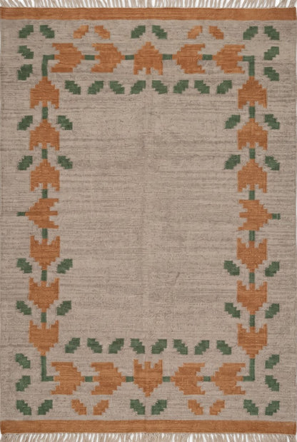 Oatmeal Terracotta Vine Geometric Kilim rug