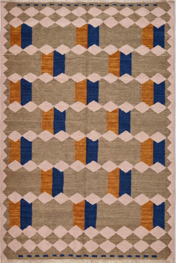 Blush Taupe Ribbon Pink & Grey Wool Cotton Dhurrie Rug
