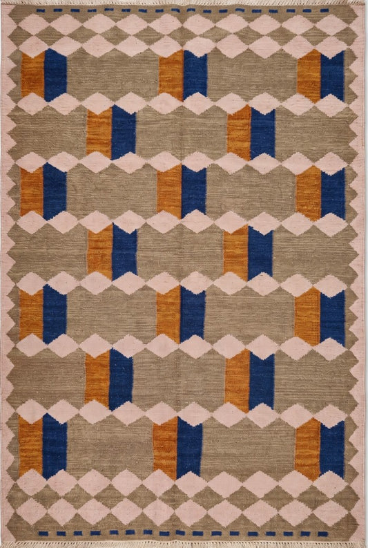 Blush Taupe Ribbon Pink & Grey Wool Cotton Dhurrie Rug