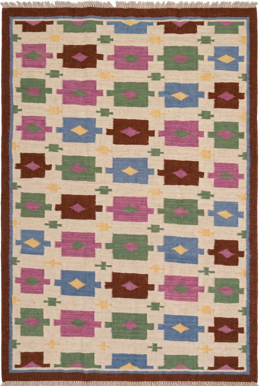 Tribal Earth Medallion Matrix Wool Cotton Dhurrie Rug