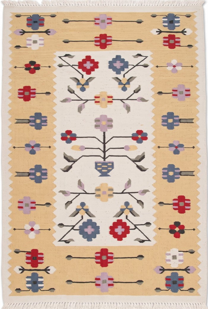 Marigold Folk Bouquet Cotton Wool Dhurrie