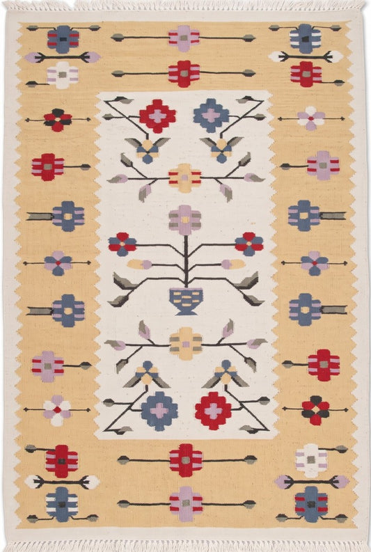 Marigold Folk Bouquet Cotton Wool Dhurrie