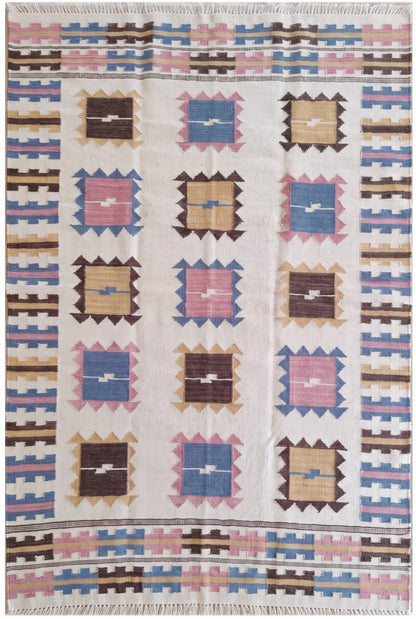 Nomadic Pastel Blocks Wool and Cotton Kilim Rug