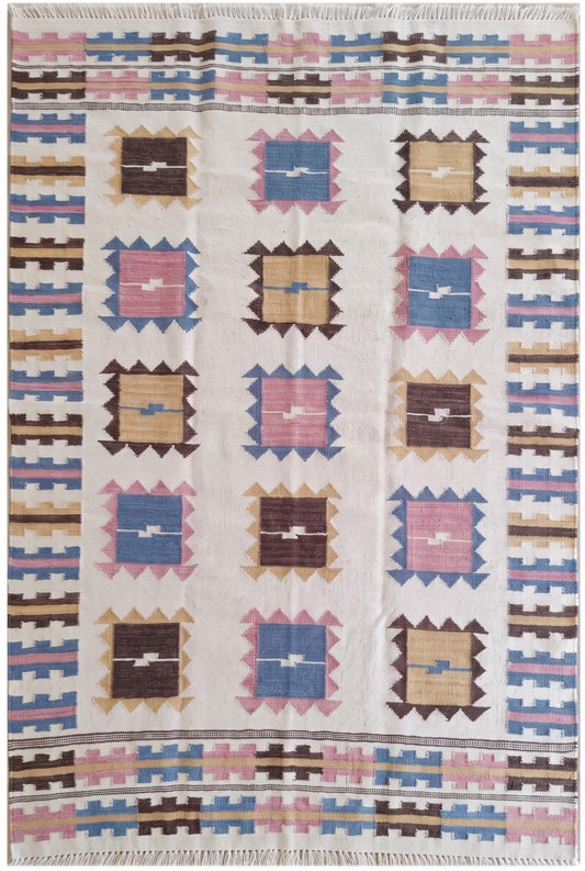 Nomadic Pastel Blocks Wool and Cotton Kilim Rug