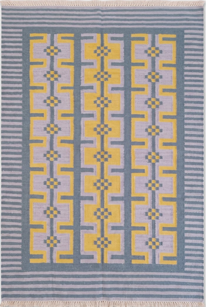 Lavender and Yellow Patterned Dhurrie Rug