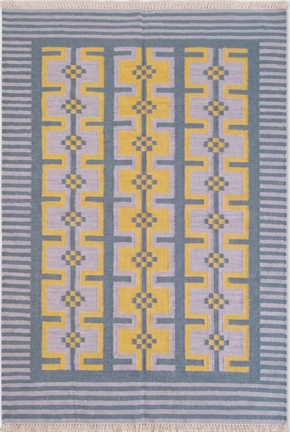 Lavender and Yellow Patterned Dhurrie Rug
