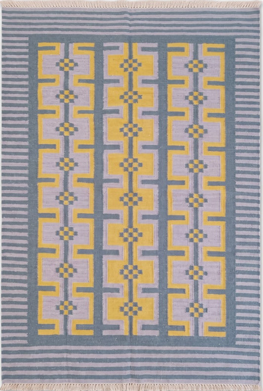Lavender and Yellow Patterned Dhurrie Rug