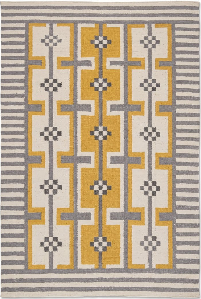 Bauhaus Step Striped Border and Mustard Geometric Pattern rug