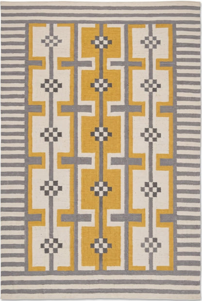 Bauhaus Step Striped Border and Mustard Geometric Pattern rug