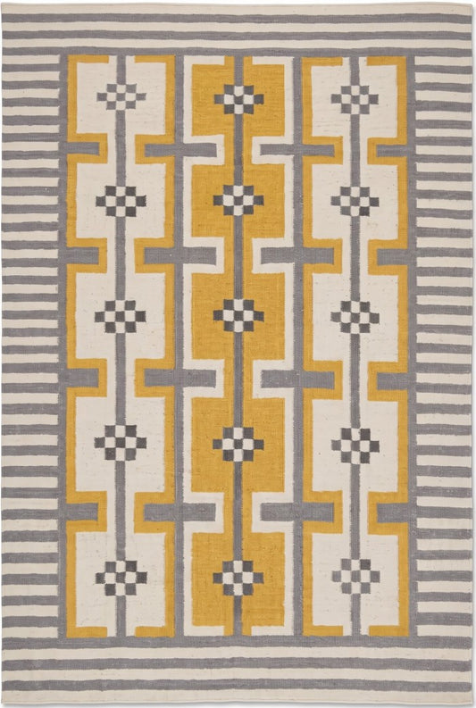 Bauhaus Step Striped Border and Mustard Geometric Pattern rug