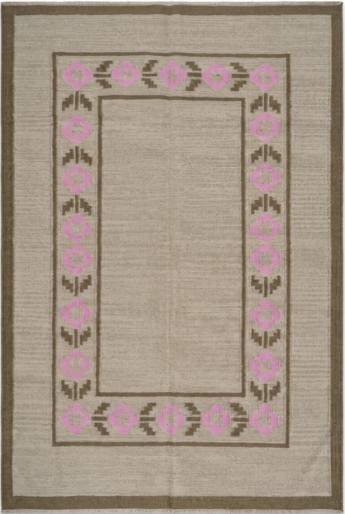 Minimalist Earthy Brown and Candy Pink Flatweave Rug