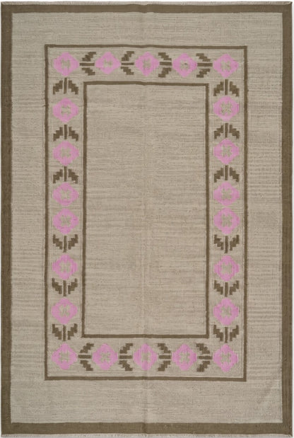 Minimalist Earthy Brown and Candy Pink Flatweave Rug