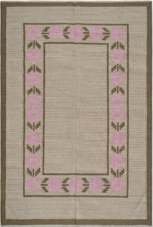 Minimalist Earthy Brown and Candy Pink Flatweave Rug