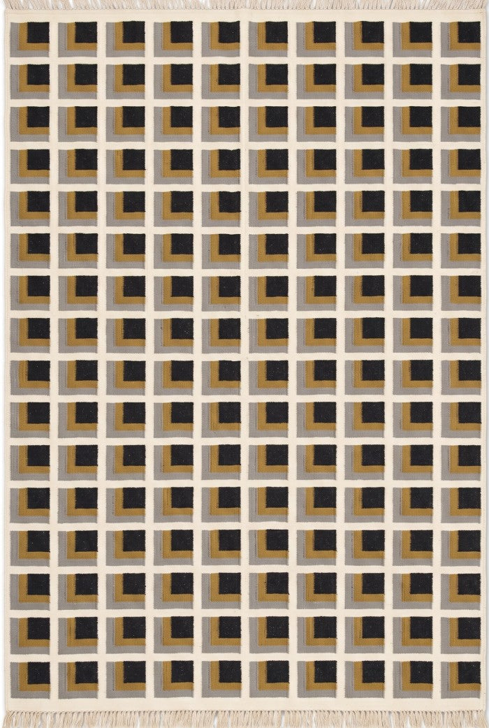 Mustard Yellow Charcoal Grey Handwoven Dhurrie Rug