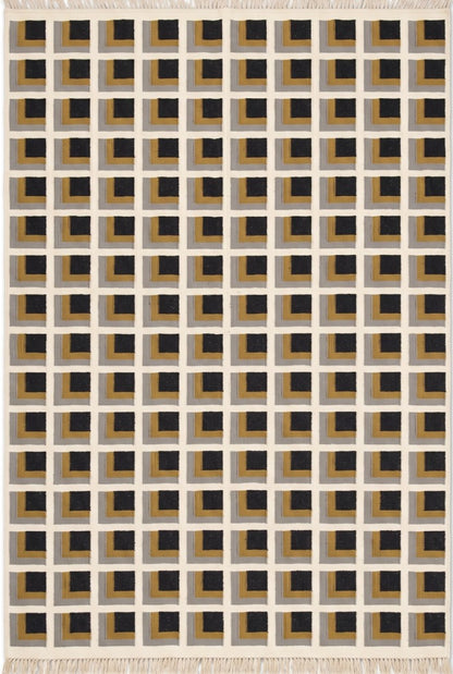 Mustard Yellow Charcoal Grey Handwoven Dhurrie Rug