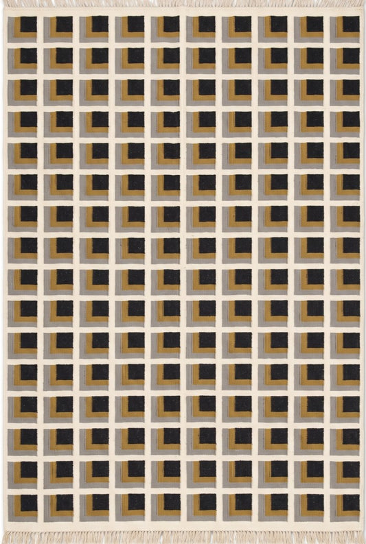 Mustard Yellow Charcoal Grey Handwoven Dhurrie Rug