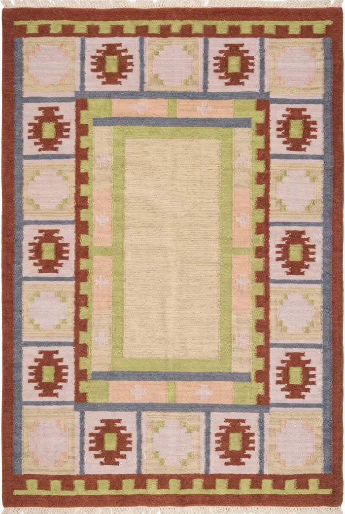 Nordic Pastel Border Wool Cotton Dhurrie Rug